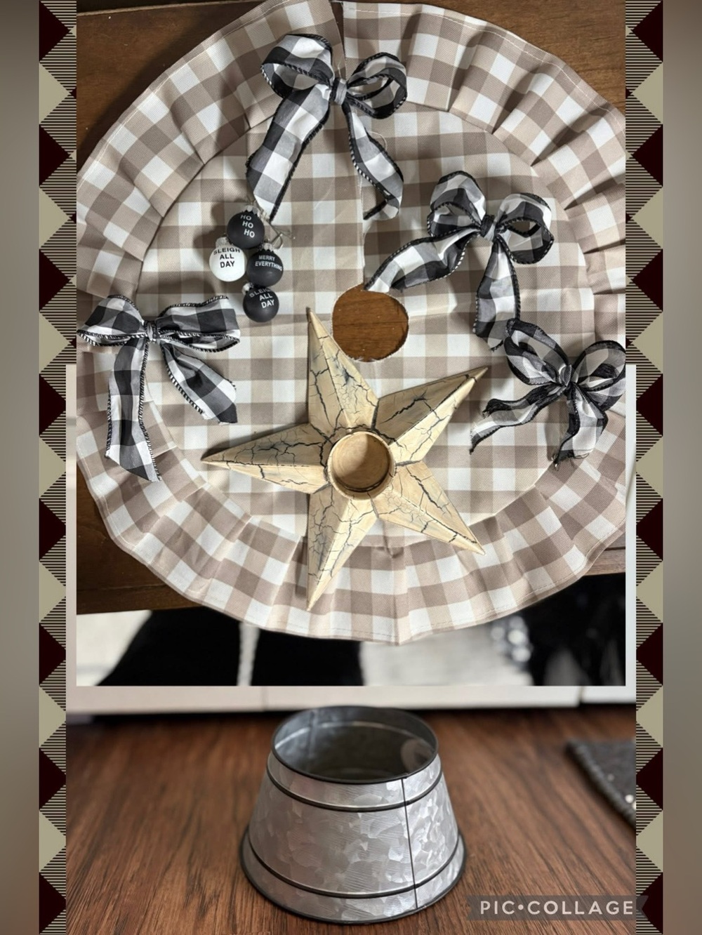Beige Buffalo Check Tree Skirt with Black & White Ribbon Accents